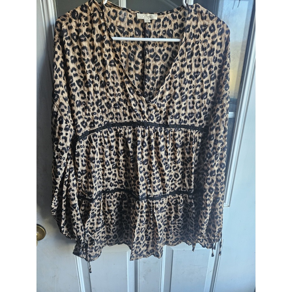 Oddi Women Leopard Cheetah Print Tiered Blouse Baby Doll Shirt S/M